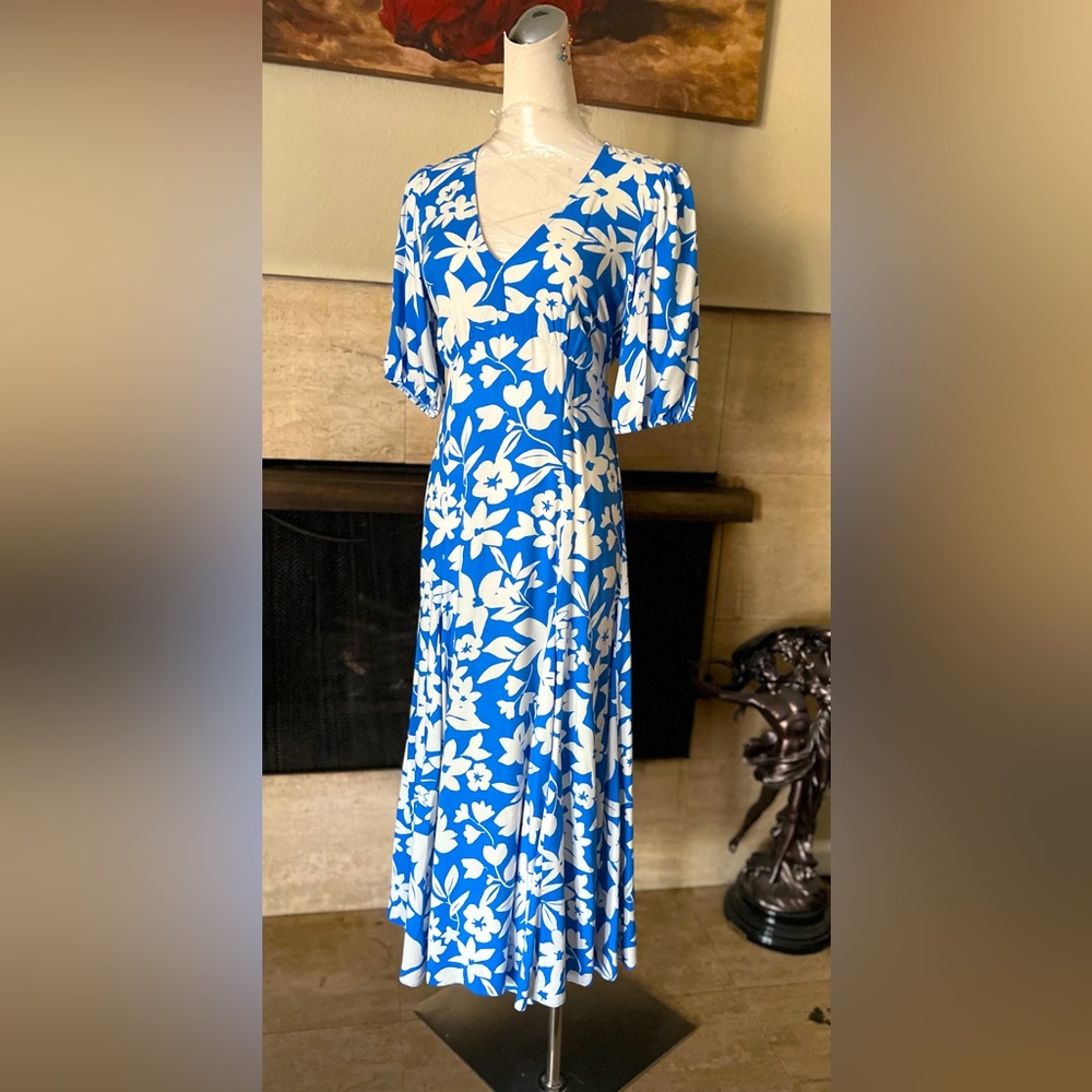 New Look Blue and White Puff Sleeve Maxi Sundress - Picture 6 of 7
